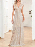 Vestido elegante formal para invitados a la boda, largo hasta el suelo, sin mangas, cuello en V, con lentejuelas, vestidos de fiesta con lentejuelas
