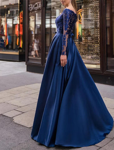 Elegantes Kleid für Hochzeitsgäste im Herbst, bodenlang, langärmlig, schulterfrei, Gürtel/Schärpe, Satin mit Applikationen, Abendkleid