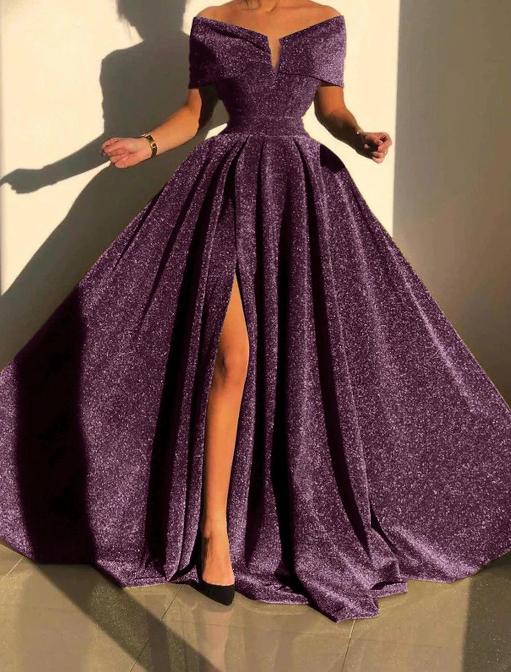 Formal Fall Court Train Sleeveless Off Shoulder Sequined with Sequin Slit Evening Dress