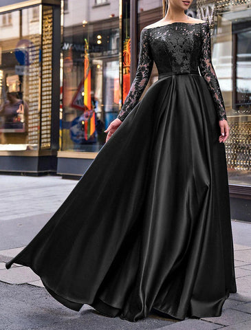 Elegantes Kleid für Hochzeitsgäste im Herbst, bodenlang, langärmlig, schulterfrei, Gürtel/Schärpe, Satin mit Applikationen, Abendkleid