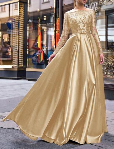 Elegantes Kleid für Hochzeitsgäste im Herbst, bodenlang, langärmlig, schulterfrei, Gürtel/Schärpe, Satin mit Applikationen, Abendkleid