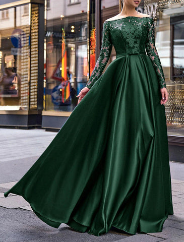 Elegantes Kleid für Hochzeitsgäste im Herbst, bodenlang, langärmlig, schulterfrei, Gürtel/Schärpe, Satin mit Applikationen, Abendkleid