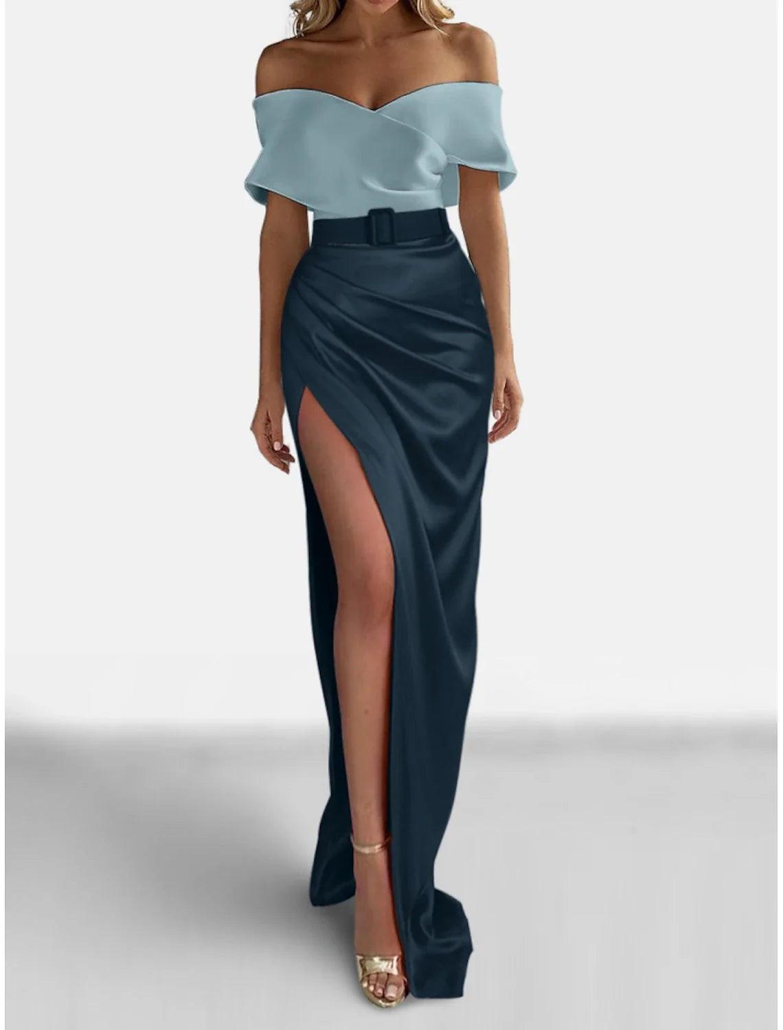 Vestido elegante formal de noche con cola larga y mangas cortas, hombros descubiertos, satén y abertura fruncida