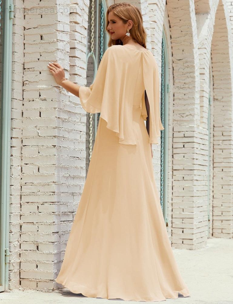 Numbersea Bridesmaid Dress Women Long Sleeve V-Neck Chiffon Formal Wedding Party 28018
