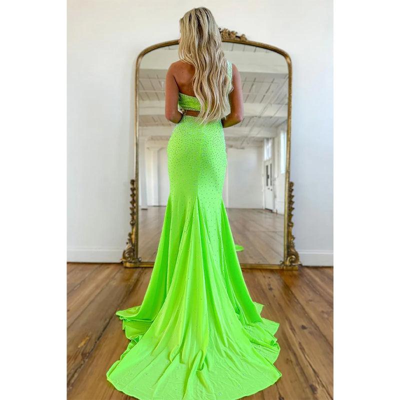 Vestido de fiesta largo único con cuentas y un solo hombro