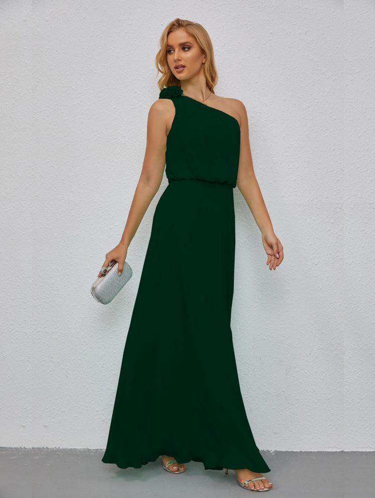 Ruffled One Shoulder Sleeveless Long Bridesmaid Dresses A-line Formal Evening Gown Side Split 28080-numbersea