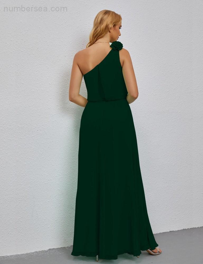 Ruffled One Shoulder Sleeveless Long Bridesmaid Dresses A-line Formal Evening Gown Side Split 28080-numbersea