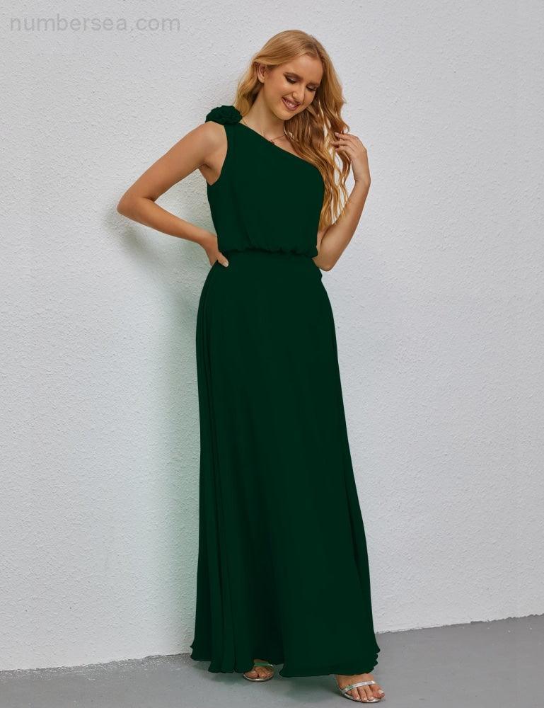 Ruffled One Shoulder Sleeveless Long Bridesmaid Dresses A-line Formal Evening Gown Side Split 28080-numbersea