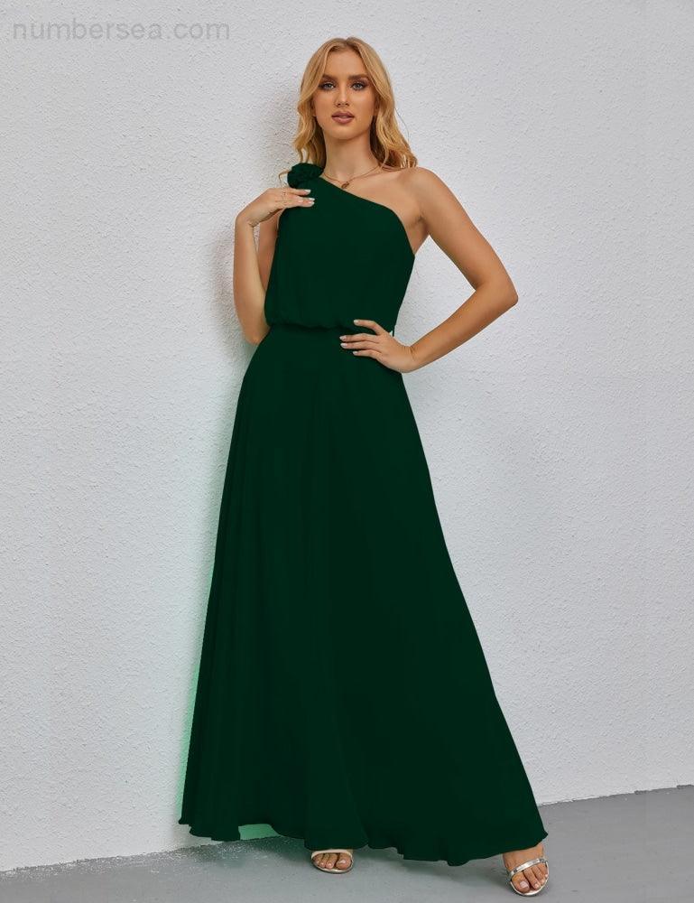 Ruffled One Shoulder Sleeveless Long Bridesmaid Dresses A-line Formal Evening Gown Side Split 28080-numbersea