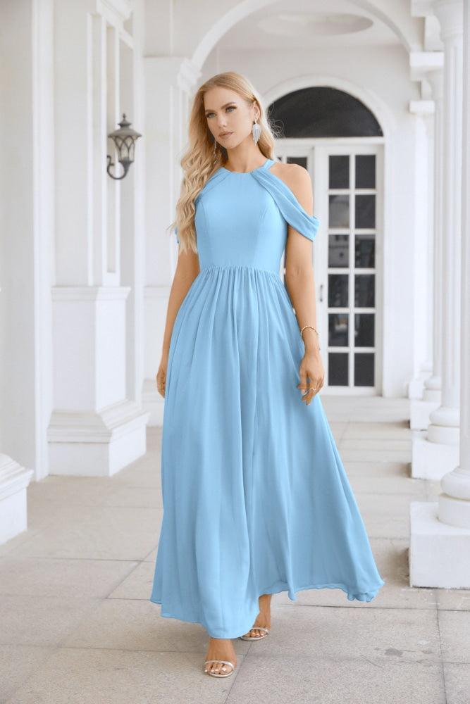 Ladies Chiffon Off Shoulder Swing Sleeve Front Slit Bridesmaid Evening Dress Wedding Party Evening Dress 28117-numbersea