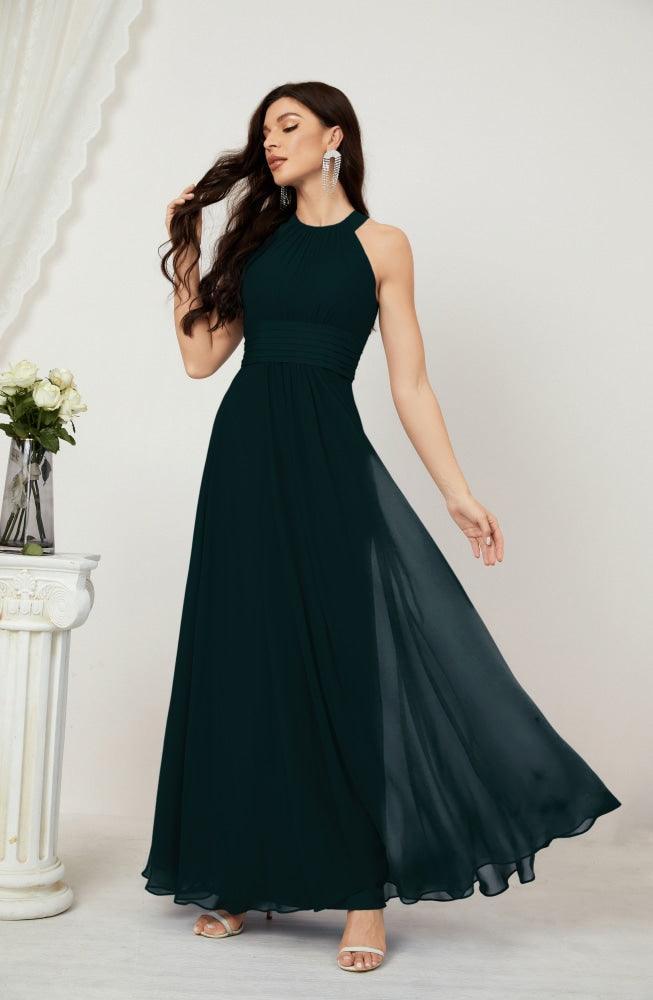 Numbersea Formal Party Gown Dress Chiffon Halter Long Sleeveless Bridesmaid Dresses 2802 Dark