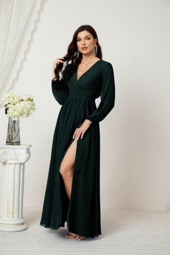 Numbersea Evening Dresses Deep V-Neck Chiffon Bridesmaid Dresses Long Bishop Sleeve Side Split Formal Dress 2806-numbersea