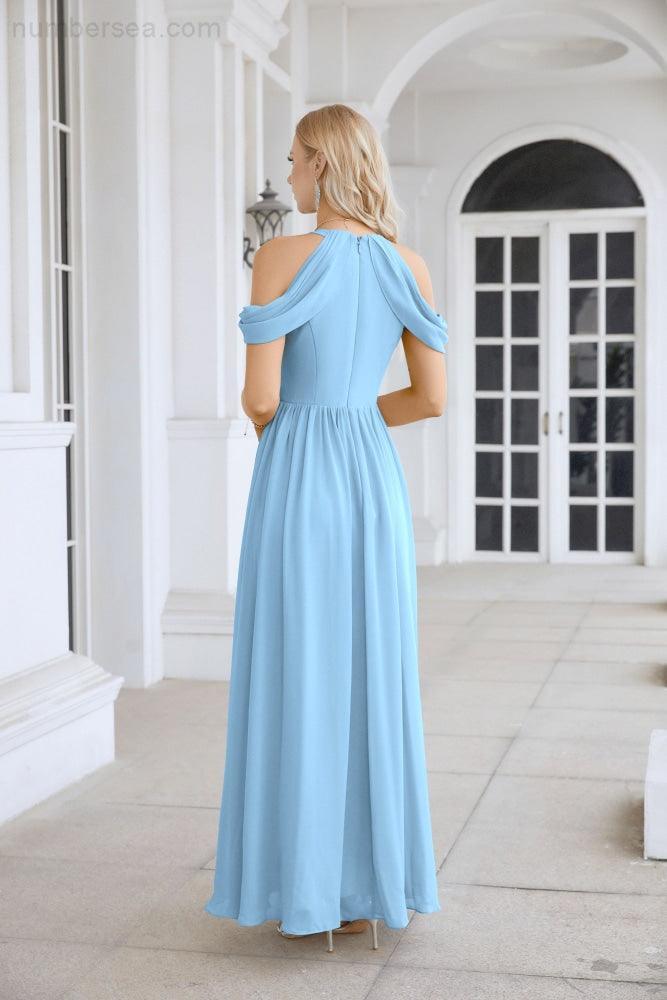 Ladies Chiffon Off Shoulder Swing Sleeve Front Slit Bridesmaid Evening Dress Wedding Party Evening Dress 28117-numbersea