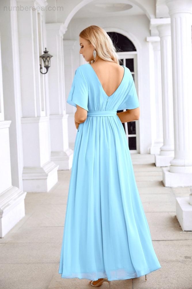 Ladies Chiffon Sleeve Crew Neck Front Slit Floor Length Bridesmaid Evening Dress Wedding Party Evening Dress 28124-numbersea