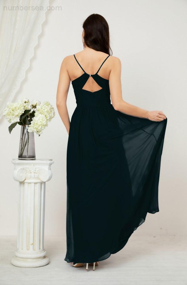 Numbersea Neck Bridesmaid Dresses Chiffon Long Spaghetti A-line Formal Prom Gown for Wedding Party Evening 2801-numbersea