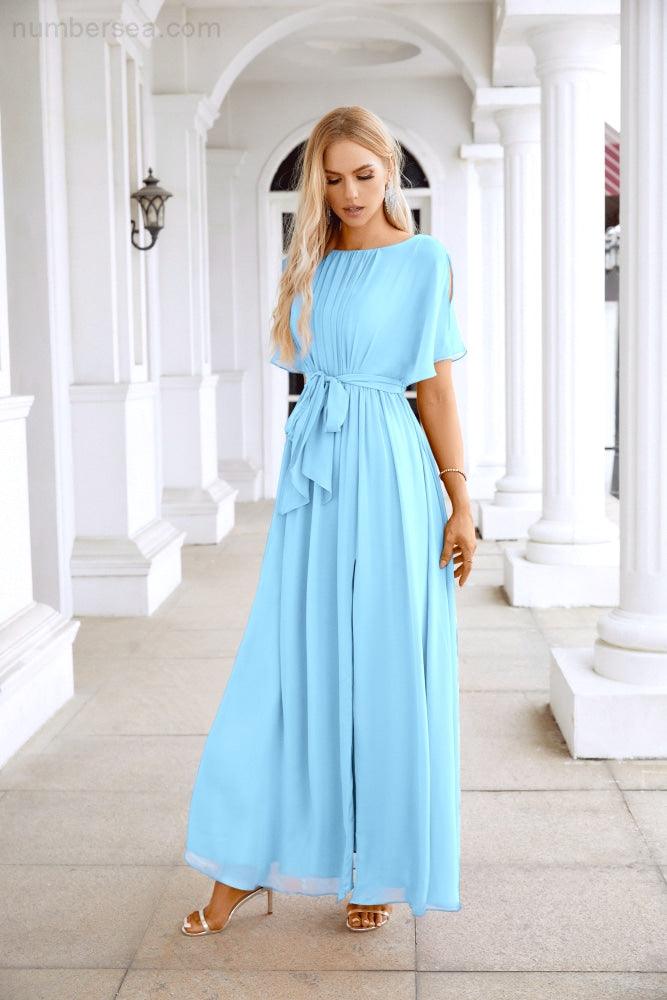 Ladies Chiffon Sleeve Crew Neck Front Slit Floor Length Bridesmaid Evening Dress Wedding Party Evening Dress 28124-numbersea