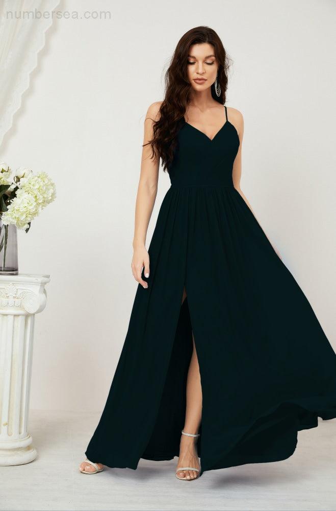Numbersea Neck Bridesmaid Dresses Chiffon Long Spaghetti A-line Formal Prom Gown for Wedding Party Evening 2801-numbersea
