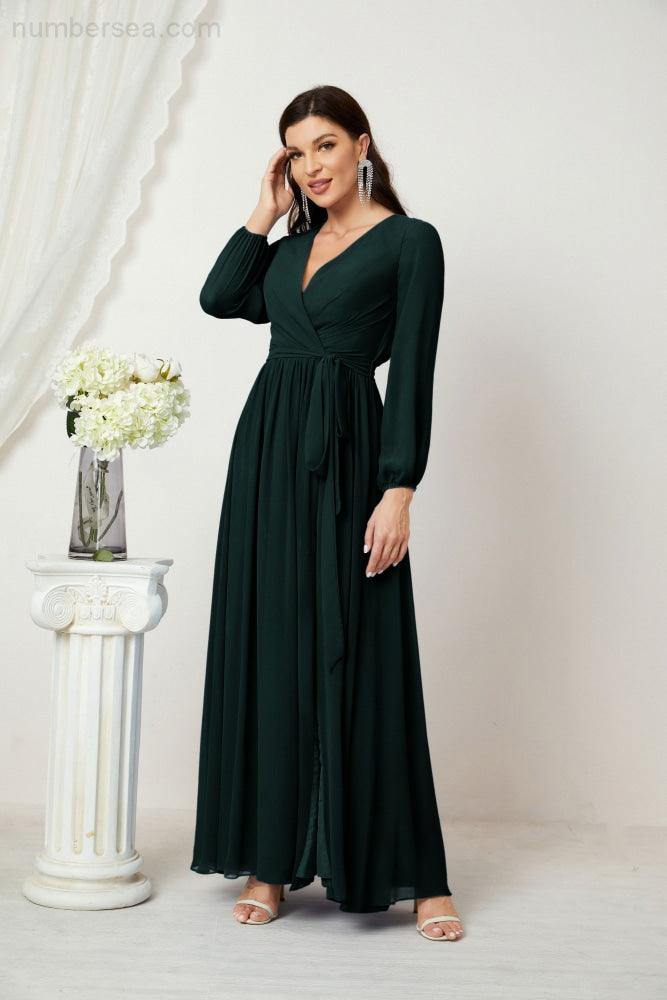 Numbersea Evening Dresses Deep V-Neck Chiffon Bridesmaid Dresses Long Bishop Sleeve Side Split Formal Dress 2806-numbersea