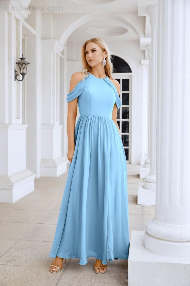 Ladies Chiffon Off Shoulder Swing Sleeve Front Slit Bridesmaid Evening Dress Wedding Party Evening Dress 28117-numbersea