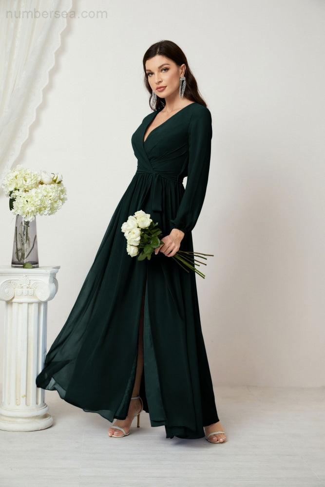 Numbersea Evening Dresses Deep V-Neck Chiffon Bridesmaid Dresses Long Bishop Sleeve Side Split Formal Dress 2806-numbersea