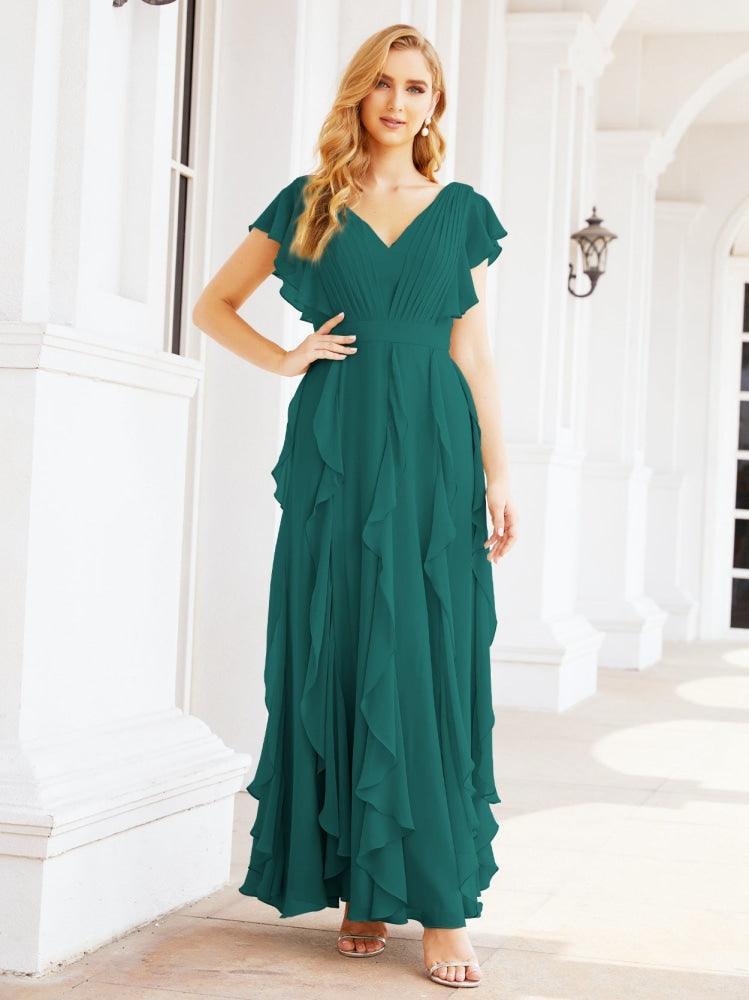 Ruffled Bridesmaid Dresses with Sleeves Long Formal Party Dress 28041-numbersea