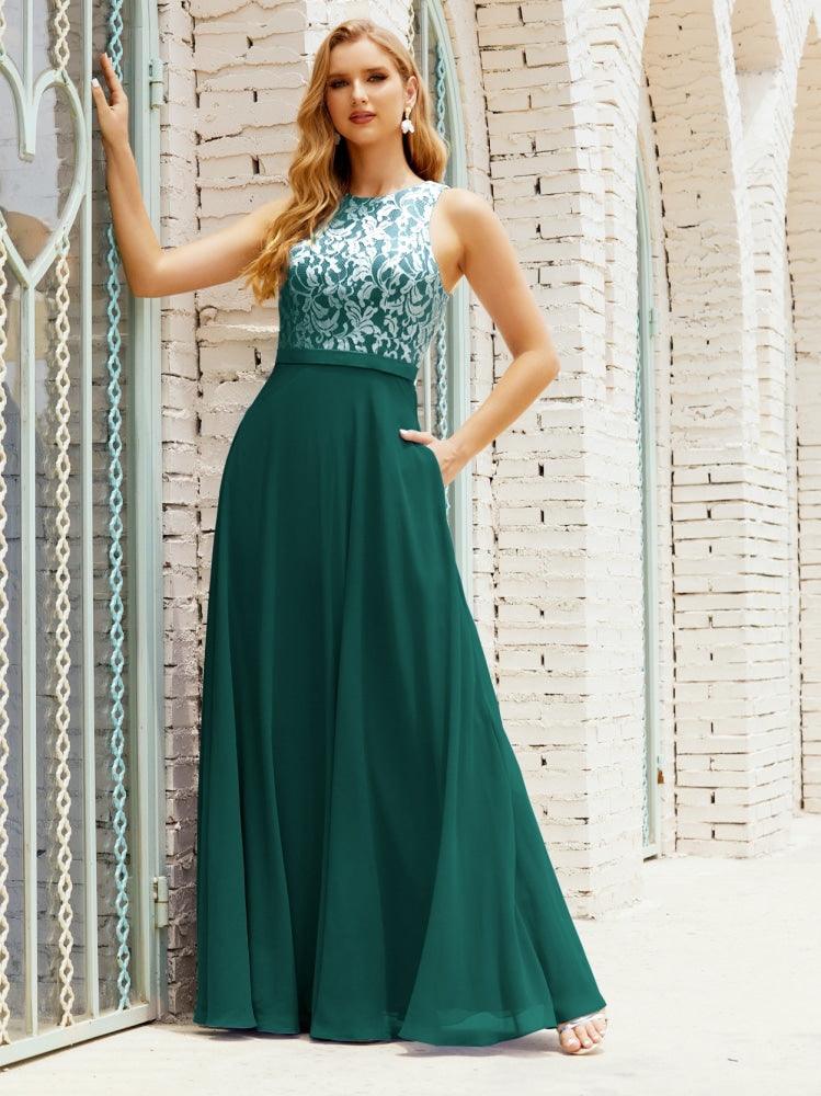 Lace Bridesmaid Dress Floor Length Evening Gowns with Pockets 28017-numbersea