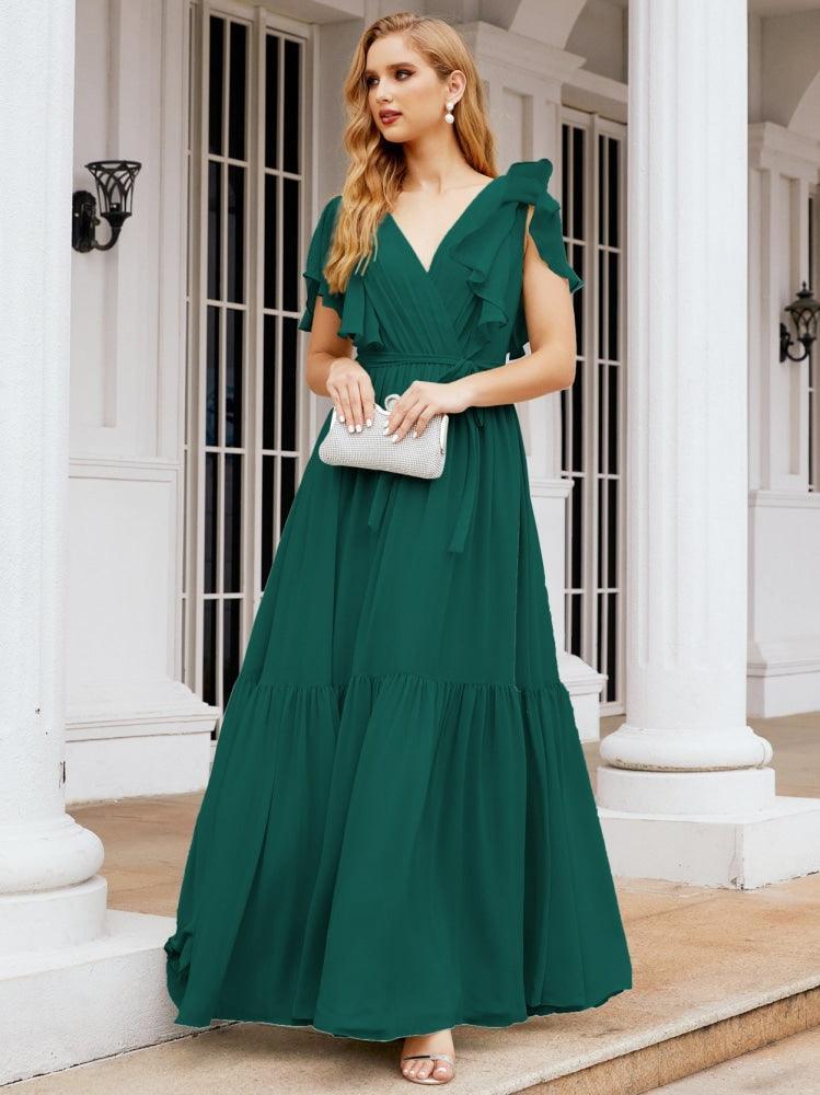 Numbersea Women's Open Back Formal Evening Party Prom Gowns V-Neck Long Chiffon Bridesmaid Dresses with Waist Belt 28038-numbersea