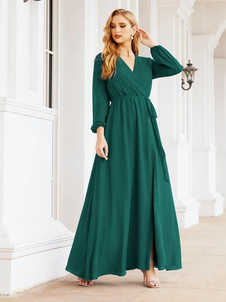 Numbersea Women's Chiffon Bridesmaid Dress A line Long Sleeves Formal Evening Prom Gown for Wedding Guest 28032-numbersea