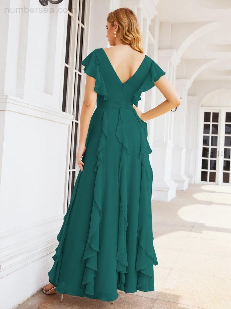 Ruffled Bridesmaid Dresses with Sleeves Long Formal Party Dress 28041-numbersea