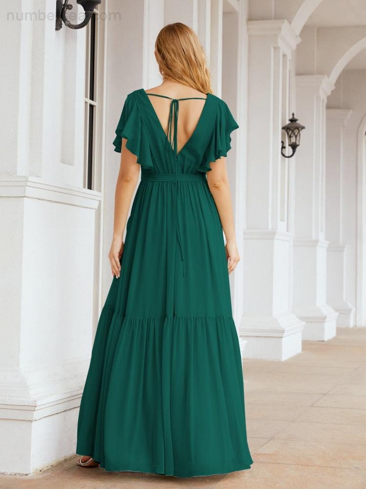Numbersea Women's Open Back Formal Evening Party Prom Gowns V-Neck Long Chiffon Bridesmaid Dresses with Waist Belt 28038-numbersea