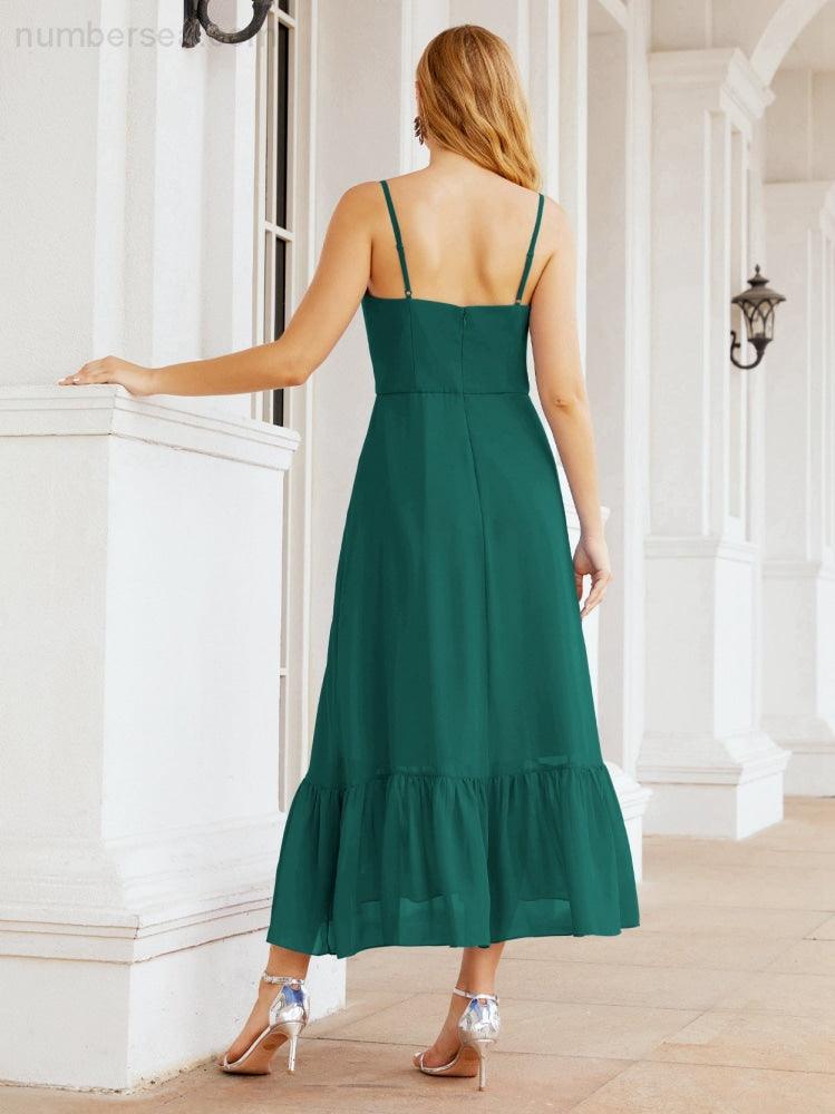 Numbersea Women Strap Chiffon Bridesmaid Dress Ankle Length Sleeveless Blackless Ruffle A Line