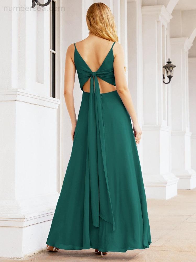Numbersea Spaghetti Strap Bridesmaid Dresses V Neck Butterfly Back Fromal Evening Party Prom Gown 28036-numbersea
