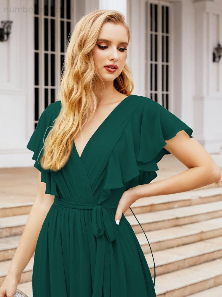 Numbersea Women's Open Back Formal Evening Party Prom Gowns V-Neck Long Chiffon Bridesmaid Dresses with Waist Belt 28038-numbersea