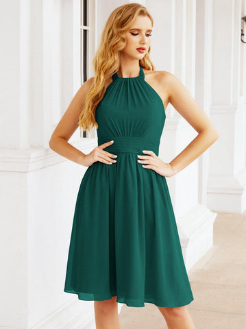Numbersea Halter Chiffon Vestidos de dama de honor Cortos Sin mangas Vestido de fiesta formal Espalda abierta 28023 