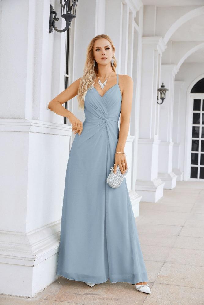 Ladies Chiffon Spaghetti Strap V Neck Front Slit Floor Length Bridesmaid Evening Dress Prom Party Wedding Evening Dress 28116-numbersea