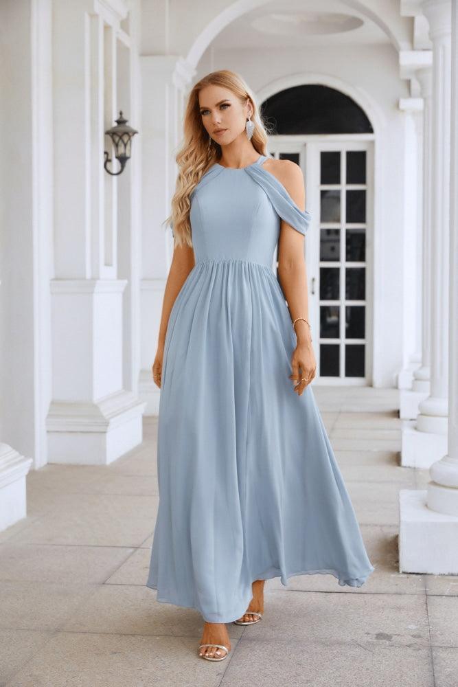 Ladies Chiffon Off Shoulder Swing Sleeve Front Slit Bridesmaid Evening Dress Wedding Party Evening Dress 28117-numbersea