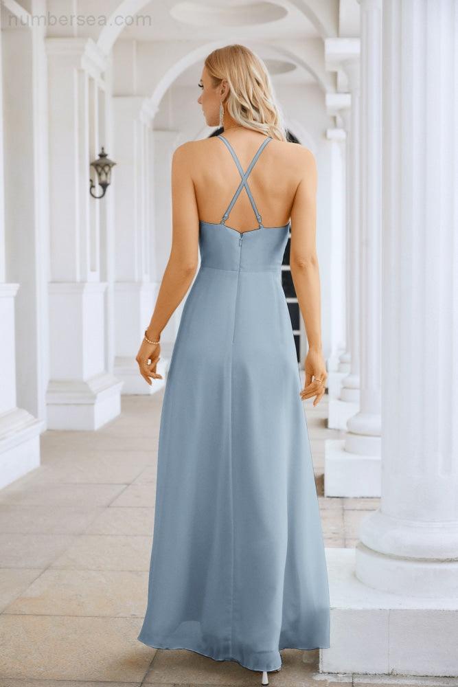 Ladies Chiffon Spaghetti Strap V Neck Front Slit Floor Length Bridesmaid Evening Dress Prom Party Wedding Evening Dress 28116-numbersea