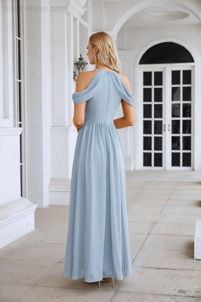 Ladies Chiffon Off Shoulder Swing Sleeve Front Slit Bridesmaid Evening Dress Wedding Party Evening Dress 28117-numbersea
