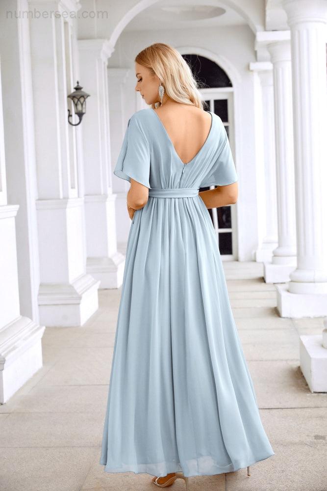 Ladies Chiffon Sleeve Crew Neck Front Slit Floor Length Bridesmaid Evening Dress Wedding Party Evening Dress 28124-numbersea