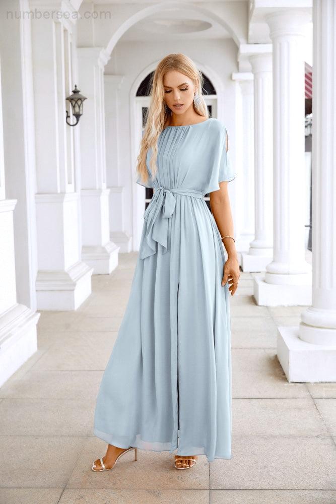 Ladies Chiffon Sleeve Crew Neck Front Slit Floor Length Bridesmaid Evening Dress Wedding Party Evening Dress 28124-numbersea