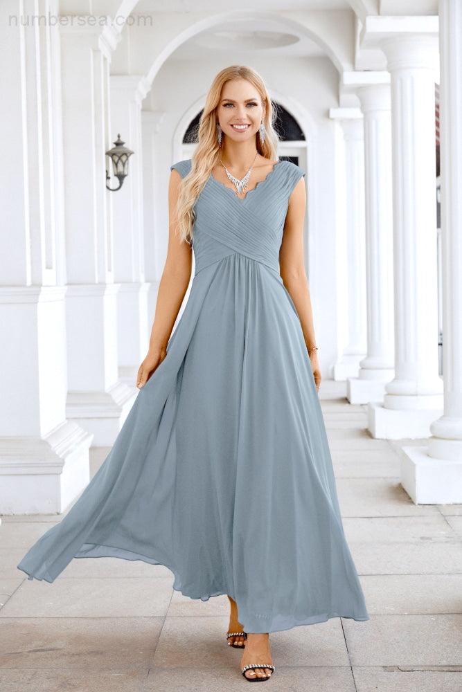 Ladies Chiffon V Neck Sleeveless Floor Length Bridesmaid Evening Dress Wedding Party Evening Dress 28126-numbersea