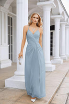 Ladies Chiffon Spaghetti Strap V Neck Front Slit Floor Length Bridesmaid Evening Dress Prom Party Wedding Evening Dress 28116-numbersea