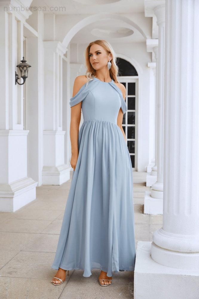 Ladies Chiffon Off Shoulder Swing Sleeve Front Slit Bridesmaid Evening Dress Wedding Party Evening Dress 28117-numbersea