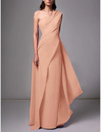 Gown Formal Wedding Guest Dress Elegant Formal Floor Length Sleeveless One Shoulder Stretch Chiffon with Ruched Evening Dress