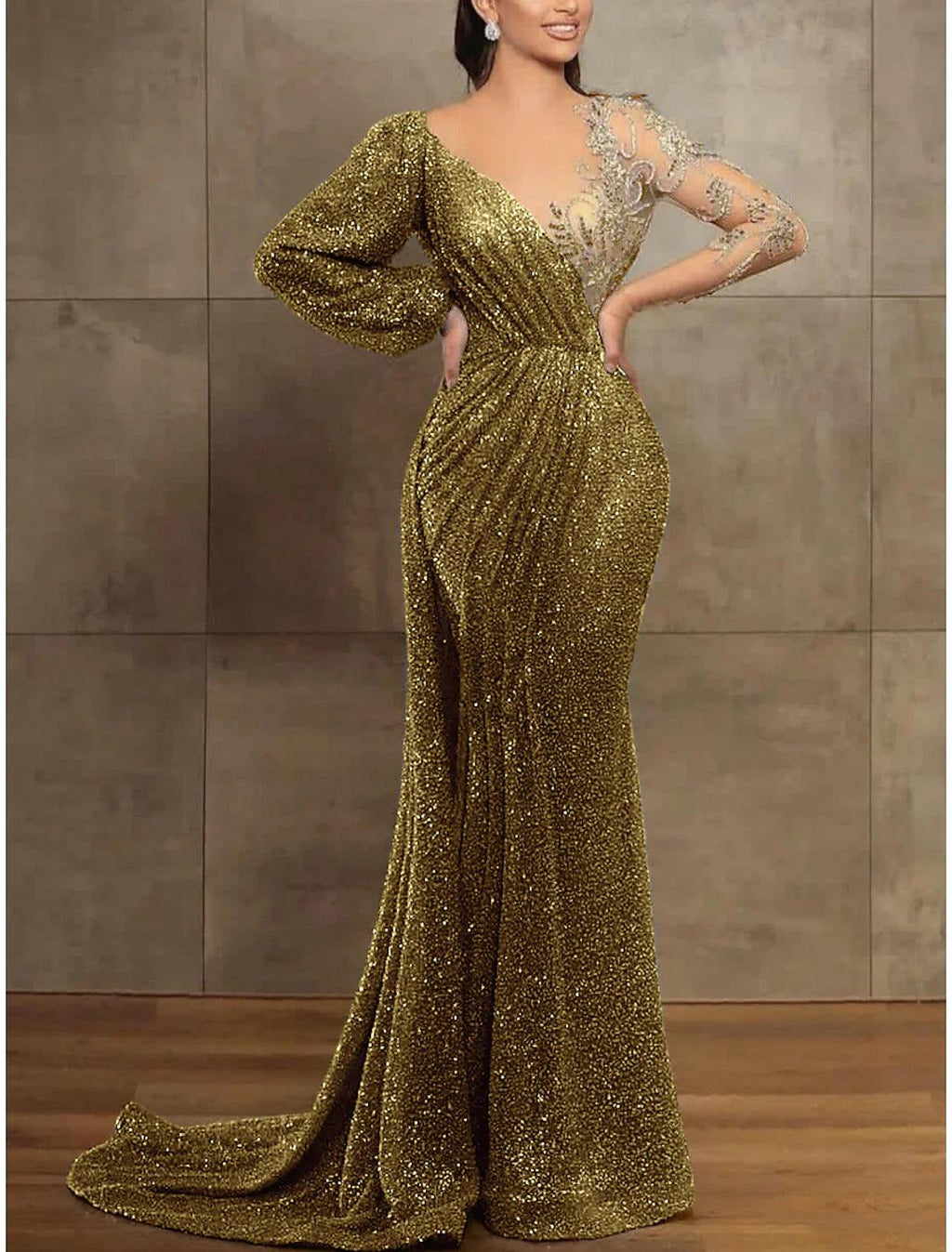 Sequin Mermaid  Gown Elegant Formal Dress Court Train Long Sleeve Illusion Neck Sequined with Pleats Evening Dress