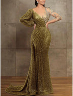 Sequin Mermaid  Gown Elegant Formal Dress Court Train Long Sleeve Illusion Neck Sequined with Pleats Evening Dress