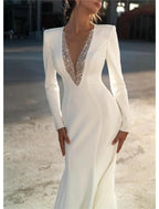 Vestidos de novia formales de gasa con escote en V, corte sirena o trompeta, manga larga y cola larga