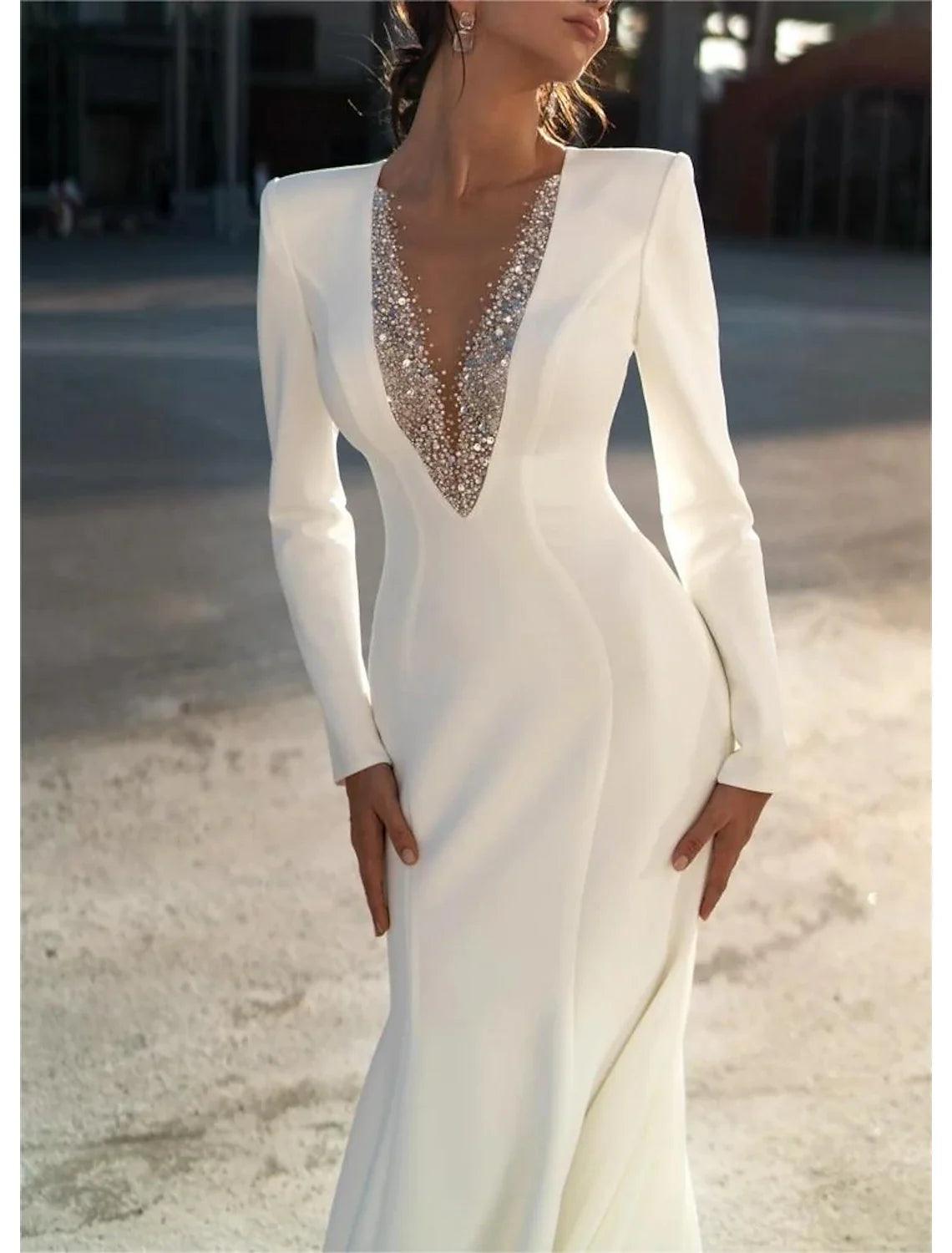 Vestidos de novia formales de gasa con escote en V, corte sirena o trompeta, manga larga y cola larga