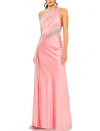 Gown Elegant Formal Floor Length Sleeveless One Shoulder Satin with Glitter Ruched Sequin Evening Dress