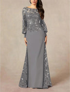 Formal Wedding Guest Elegant Jewel Neck Floor Length Chiffon Sequined Long Sleeve with Sequin Mother of the Bride Dress